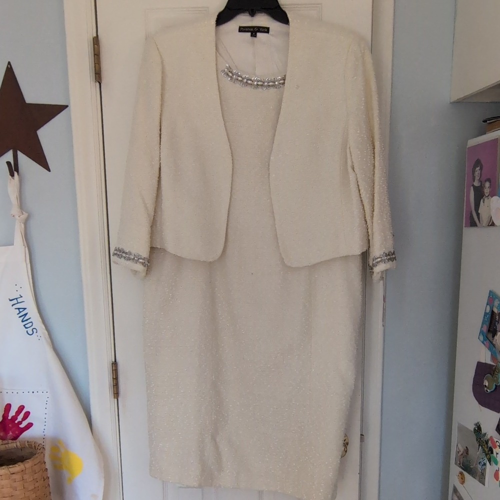 Preston &‎ York Ivory Tweed Embellished Skirt Suit Set Jacket Dress Size 18